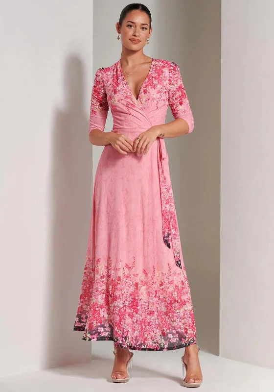 Jolie Moi Peggy Ruched Sleeve Wrap Mesh Maxi Dress, Pink Multi Elegant Pleated Maxi Dress