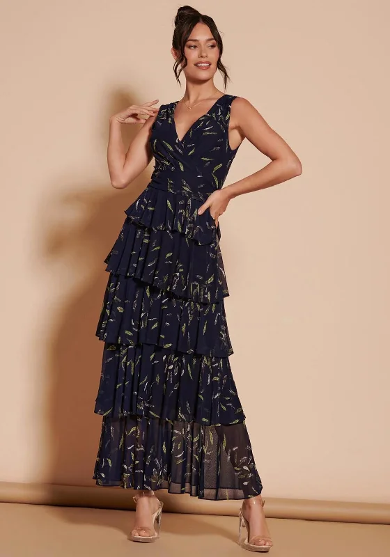 Jolie Moi Tiered Hem Mesh Maxi Dress, Navy Multi Fashionable Sheer Maxi Dress