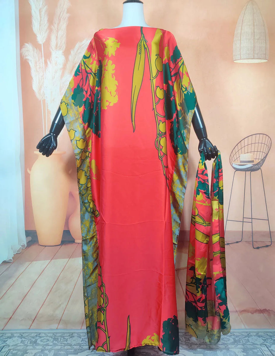 Women's African Silk Print Bust Kaftan Maxi Dress Trendy Button Front Maxi Dress