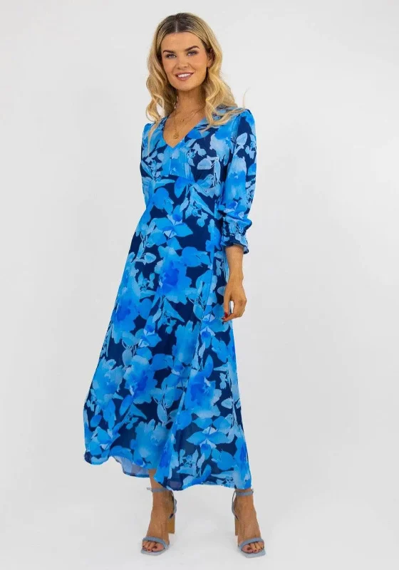 Kate & Pippa Streasa Floral Print Maxi Dress, Blue Trendy Maxi Dress with Belt