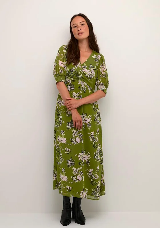 KAFFE Kavita Floral Maxi Dress, Green Trendy V-Neck Maxi Dress