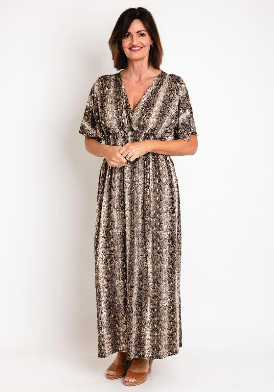 Serafina Collection One Size Reptile Print Maxi Dress, Black Gold Chic Summer Maxi Dress