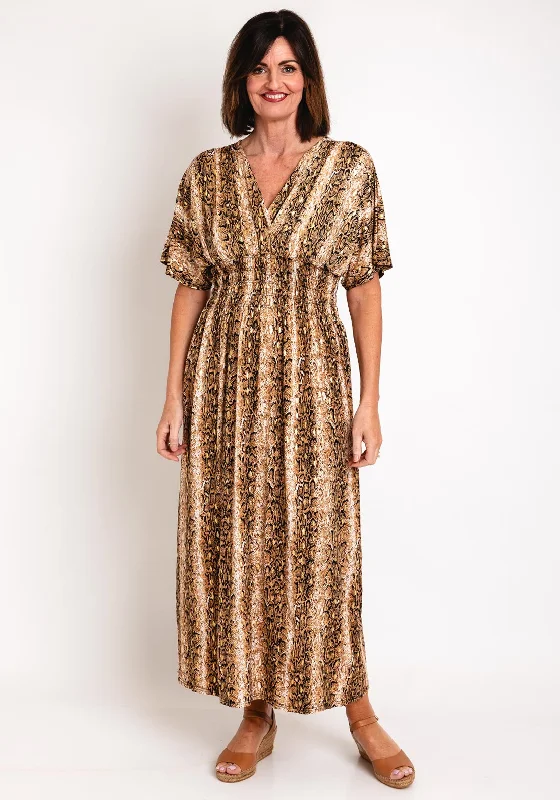 Serafina Collection One Size Reptile Print Maxi Dress, Brown Gold Stylish Long Sleeve Maxi Dress