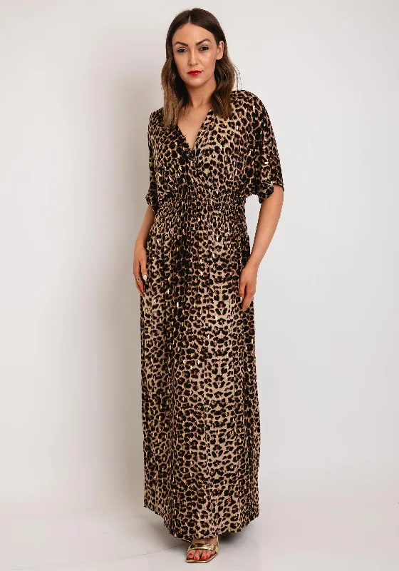 Serafina Collection One Size Leopard Print Maxi Dress, Brown & Gold Cozy Maxi Dress with Slit