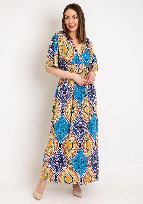 Serafina Collection One Size Ornate Print Maxi Dress, Blue Multi Cozy Maxi Dress with Slit