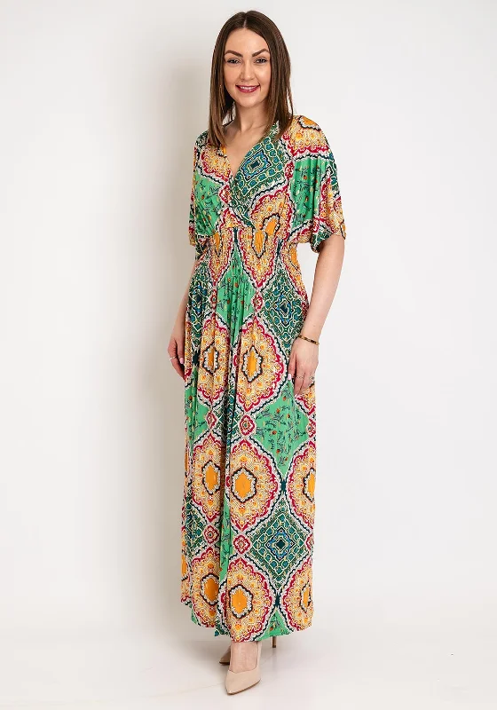 Serafina Collection One Size Ornate Print Maxi Dress, Green Multi Elegant Boho Maxi Dress