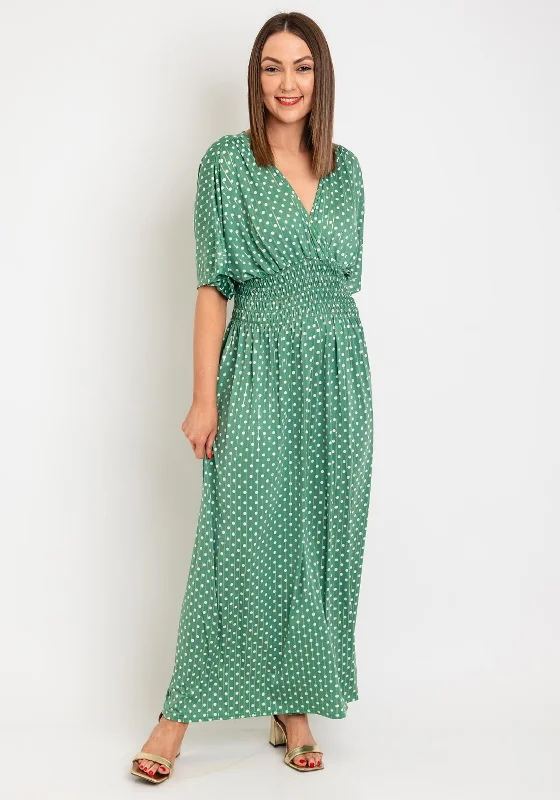 Serafina Collection One Size Polka Dot Maxi Dress, Green Stylish Maxi Dress with Pleats