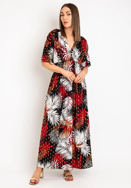 Serafina Collection One Size Leaf Print Maxi Dress, Black Elegant Boho Maxi Dress