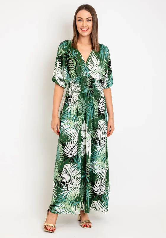 Serafina Collection One Size Leaf Print Maxi Dress, Green Fashionable High-Waist Maxi Dress