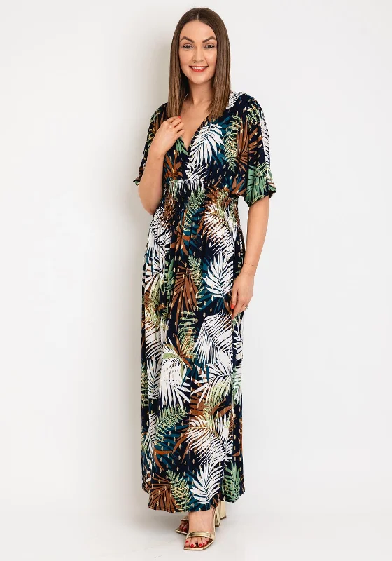 Serafina Collection One Size Leaf Print Maxi Dress, Navy Cozy Maxi Dress with Slit