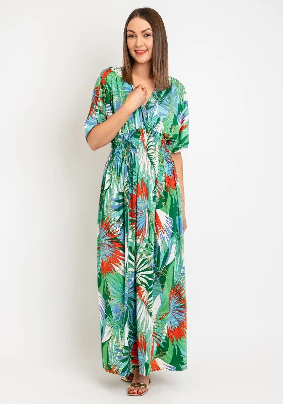 Serafina Collection One Size Metallic Floral Maxi Dress, Green Multi Chic Boho Print Maxi Dress