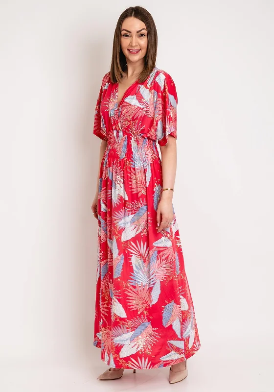 Serafina Collection One Size Leaf Print Maxi Dress, Pink Trendy Short Sleeve Maxi Dress