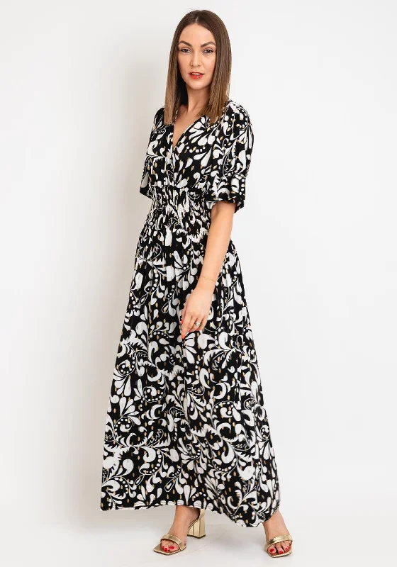 Serafina Collection One Size Metallic Print Maxi Dress, Black Elegant Maxi Dress with Ruffles