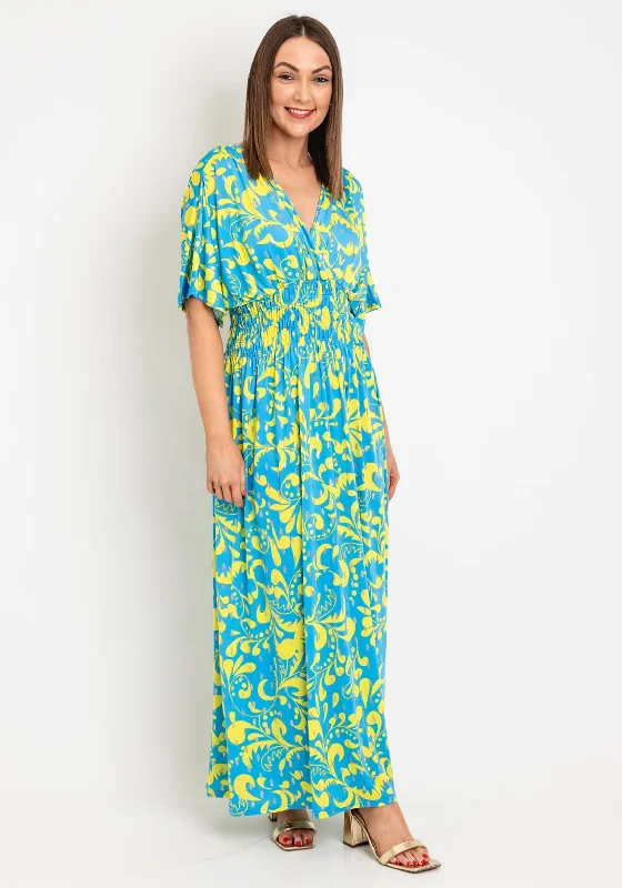 Serafina Collection One Size Metallic Print Maxi Dress, Blue Stylish Longline Maxi Dress