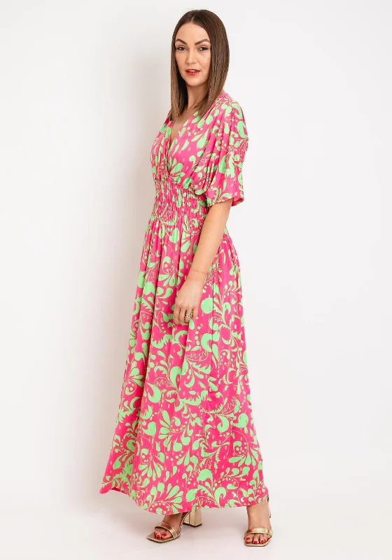 Serafina Collection One Size Metallic Print Maxi Dress, Pink Elegant Maxi Dress with Lace