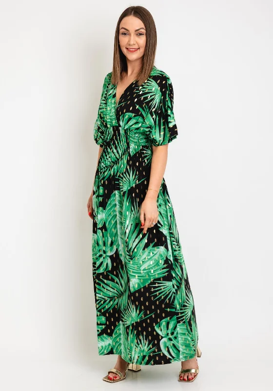 Serafina Collection One Size Tropical Leaf Maxi Dress, Black & Green Elegant Floral Maxi Dress