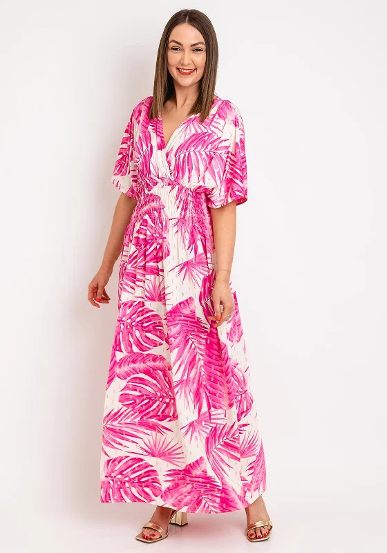 Serafina Collection One Size Tropical Leaf Maxi Dress, Pink Fashionable Maxi Dress with Fringe