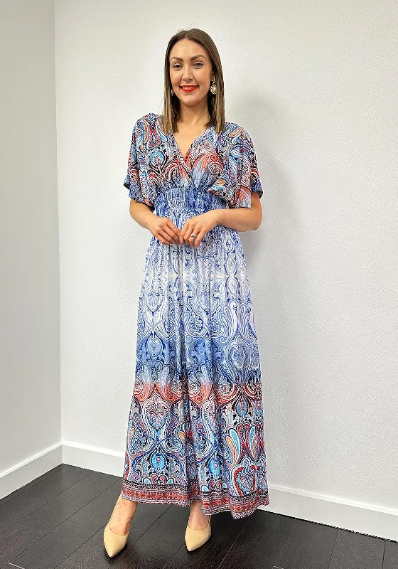 Serafina Collection One Size Paisley Maxi Dress, Blue Fashionable Faux Wrap Maxi Dress