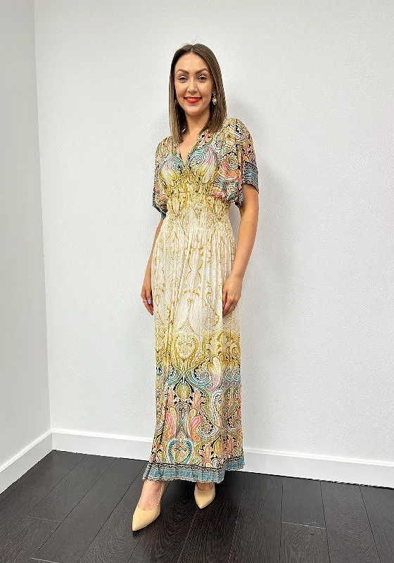 Serafina Collection One Size Paisley Maxi Dress, Gold Comfortable Ruffle Maxi Dress