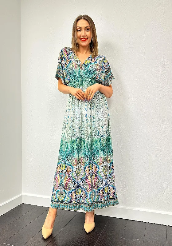 Serafina Collection One Size Paisley Maxi Dress, Green Fashionable Maxi Dress with Fringe