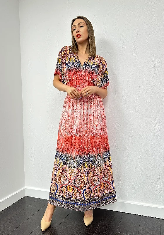 Serafina Collection One Size Paisley Maxi Dress, Red Stylish V-Neck Maxi Dress