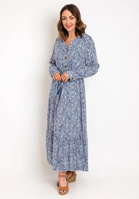 Serafina Collection One Size Drawstring Waist Maxi Dress, Blue Chic Boho Print Maxi Dress