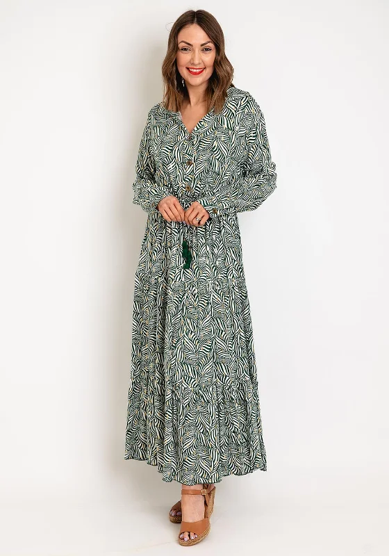 Serafina Collection One Size Drawstring Waist Maxi Dress, Green Fashionable Maxi Dress with Fringe