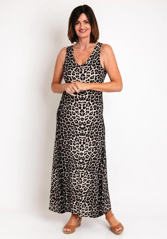 Serafina Collection One Size Leopard Print Maxi Dress, Black Stylish A-Line Maxi Dress