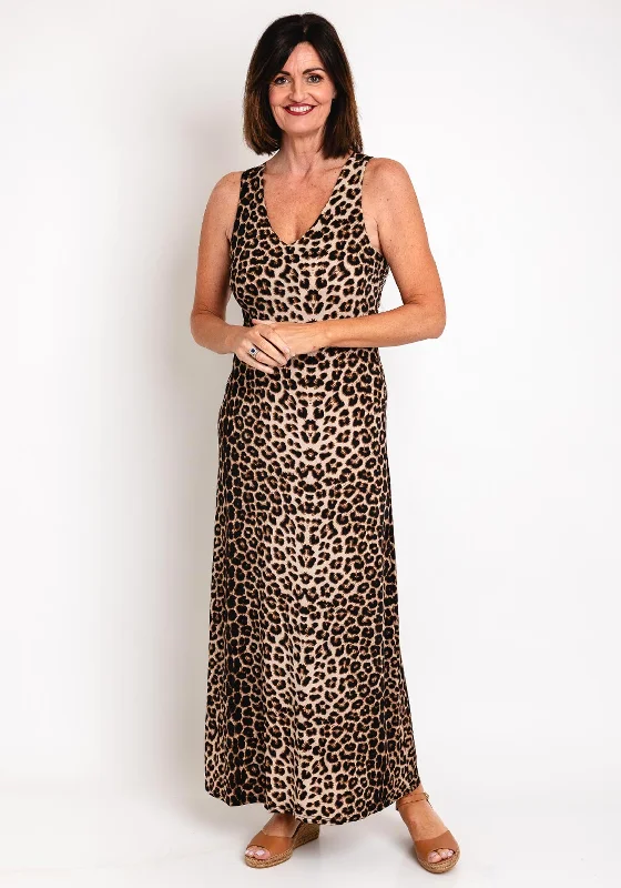 Serafina Collection One Size Leopard Print Maxi Dress, Brown Fashionable Button-Down Maxi Dress