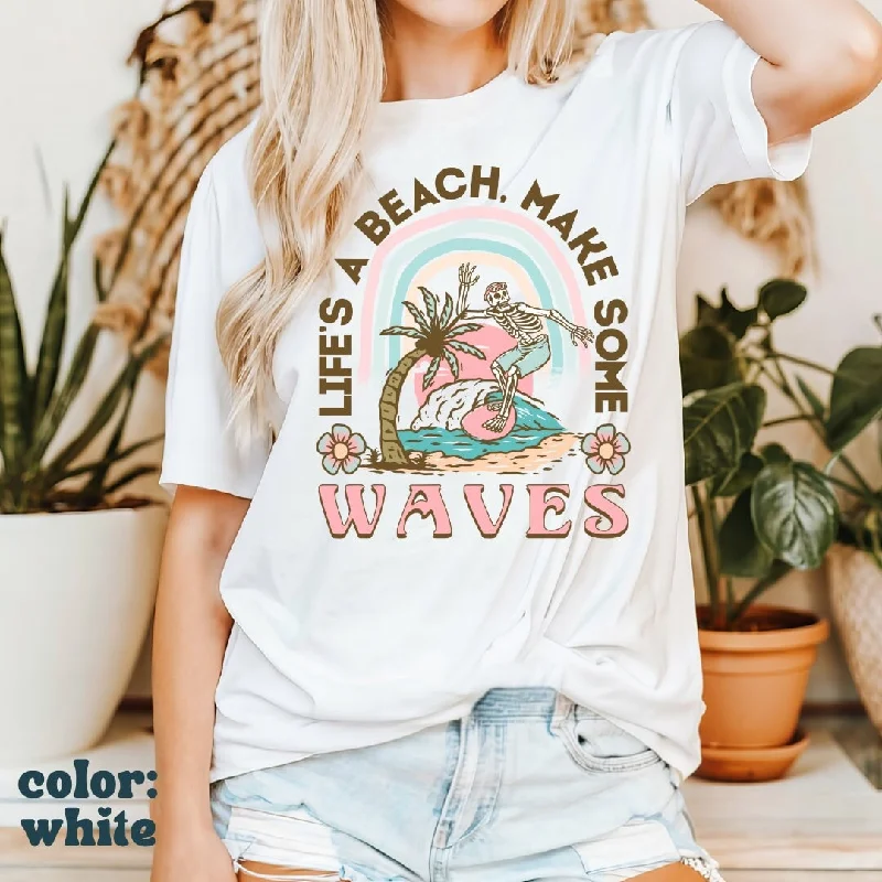 Life's A Beach Make Some Waves Shirt - Surfing Skeleton Shirt - Surf T-Shirt - Beach Island Tee - Comfort Colors Women's Unisex Tee Chenille Fabric Brocade Fabric Lace Fabric