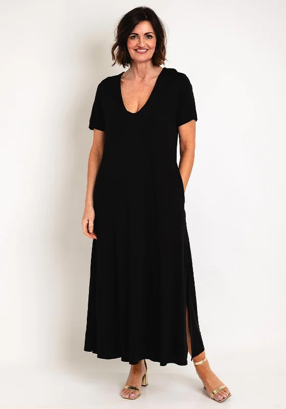 Natalia Collection One Size Jersey Maxi Dress, Black Classic V-Neck Maxi Dress