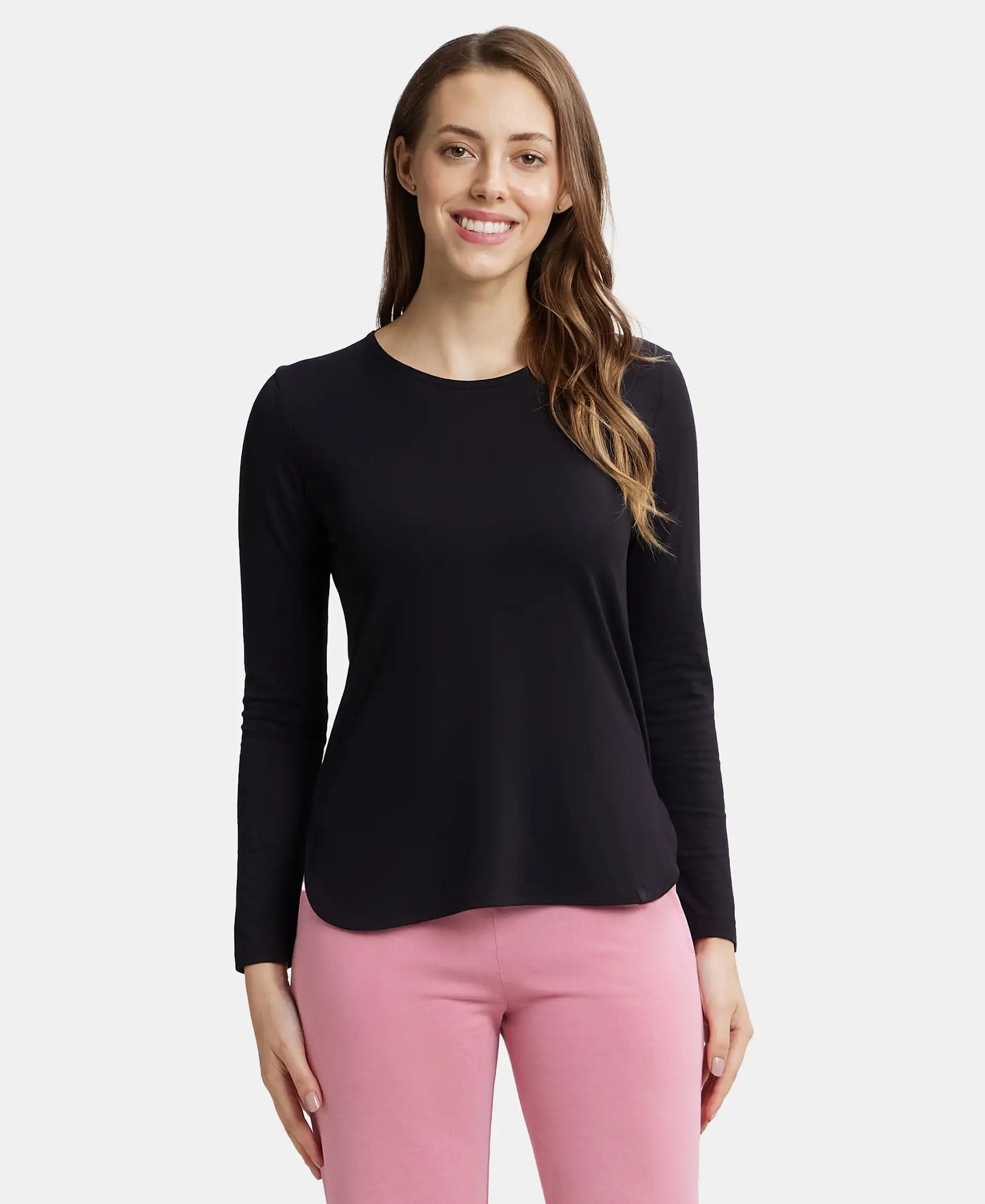 Micro Modal Cotton Relaxed Fit Solid Round Neck Full Sleeve T-Shirt with Curved Hem Styling - Black Oversized T-Shirt Spandex breathable
