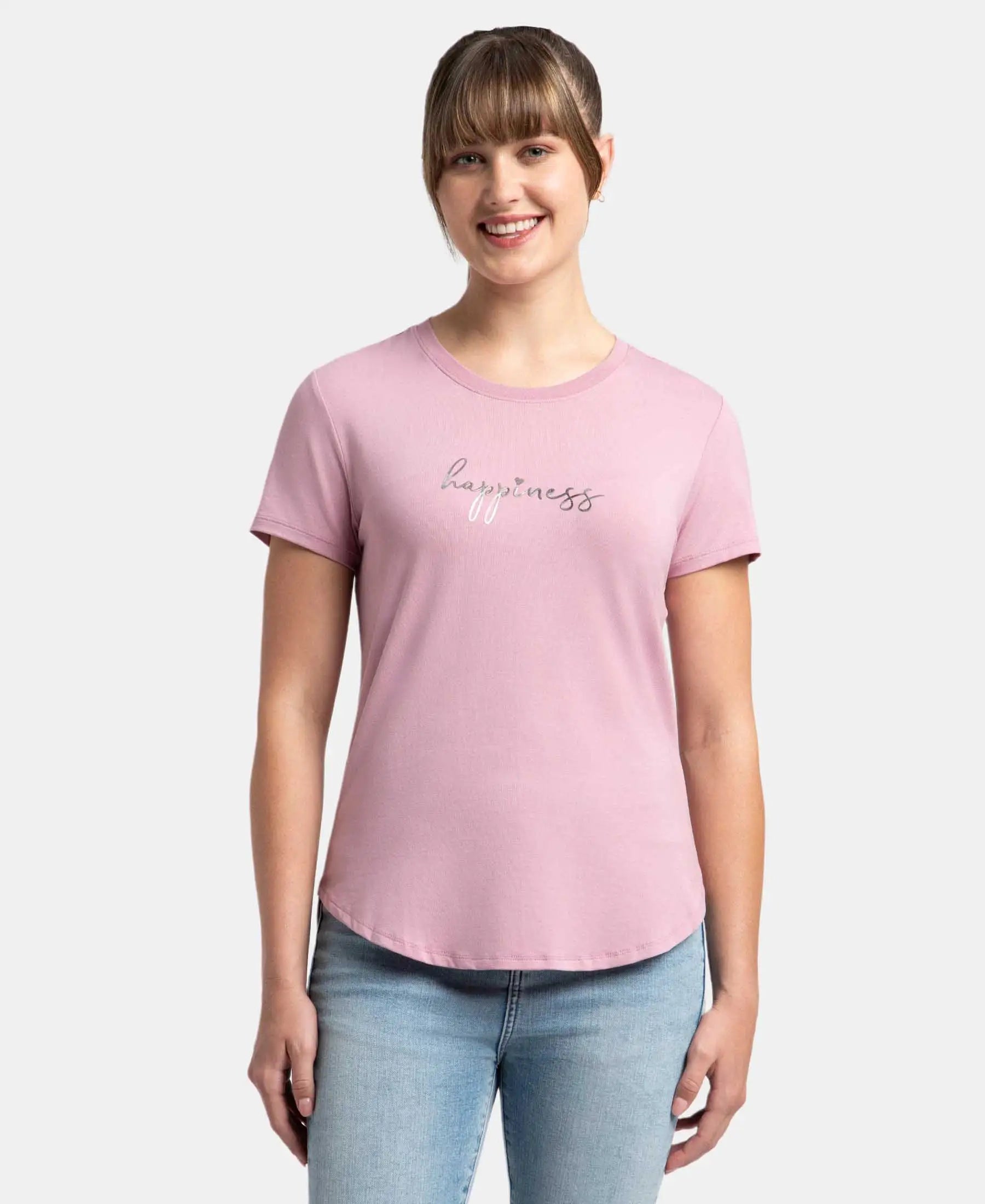 Micro Modal Fiber Elastane Stretch Relaxed Fit Graphic Print Round Neck Half Sleeve T-Shirt With Curved Hem Styling - Lilas Jersey Fabric Tulle Fabric Batik Fabric