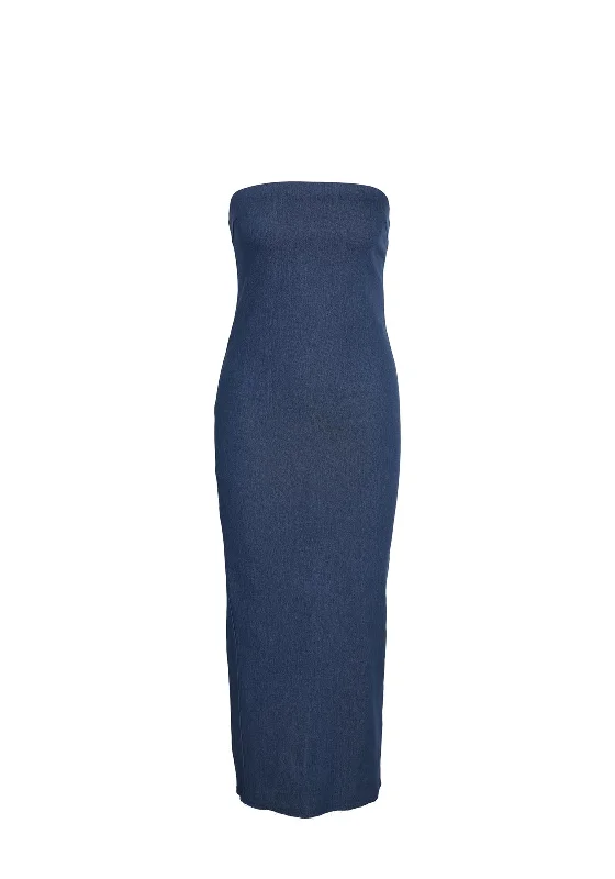 Noisy May Erica Slim Pencil Maxi Dress, Dark Blue Denim Fashionable Chiffon Tiered Maxi Dress