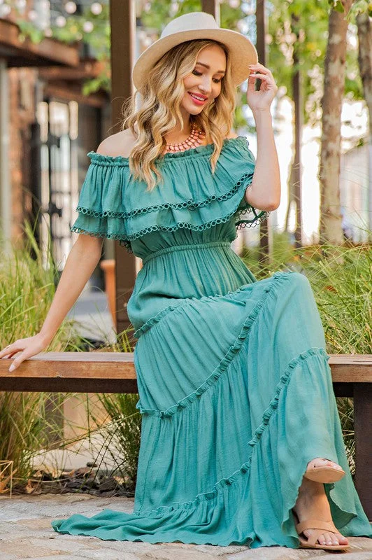 OFF THE SHOULDER RUFFLE MAXI DRESS Trendy Ruffled Maxi Dress