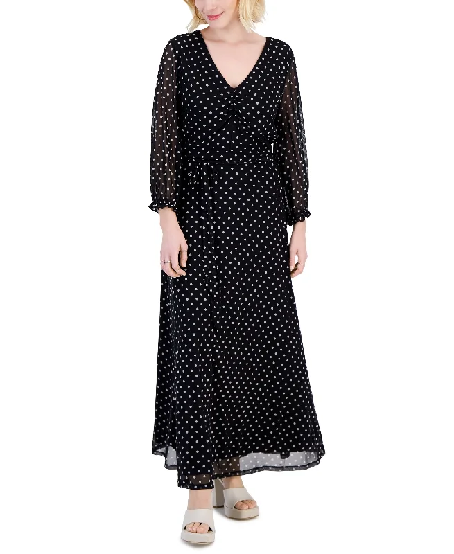 Petite Dot-Print Tie-Waist A-Line Maxi Dress Comfortable Pleated Maxi Dress