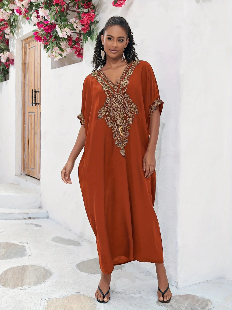 Plus Size Boho Maxi Dress for Ramadan, Women's V Neck Geometric Print Kaftan with Batwing Sleeves Classic Solid Maxi Dress