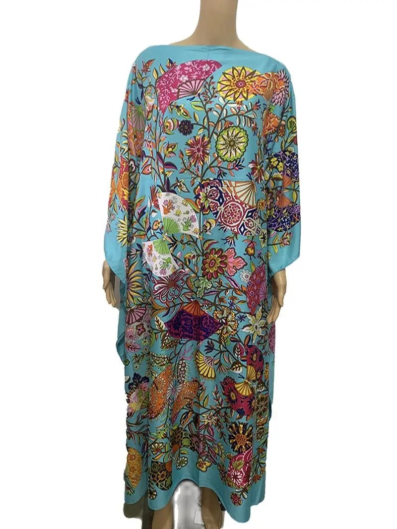 Plus Size Women's Silk Bohemian Maxi Dress – Popular African Print Summer Kaftan Comfortable Pleated Maxi Dress