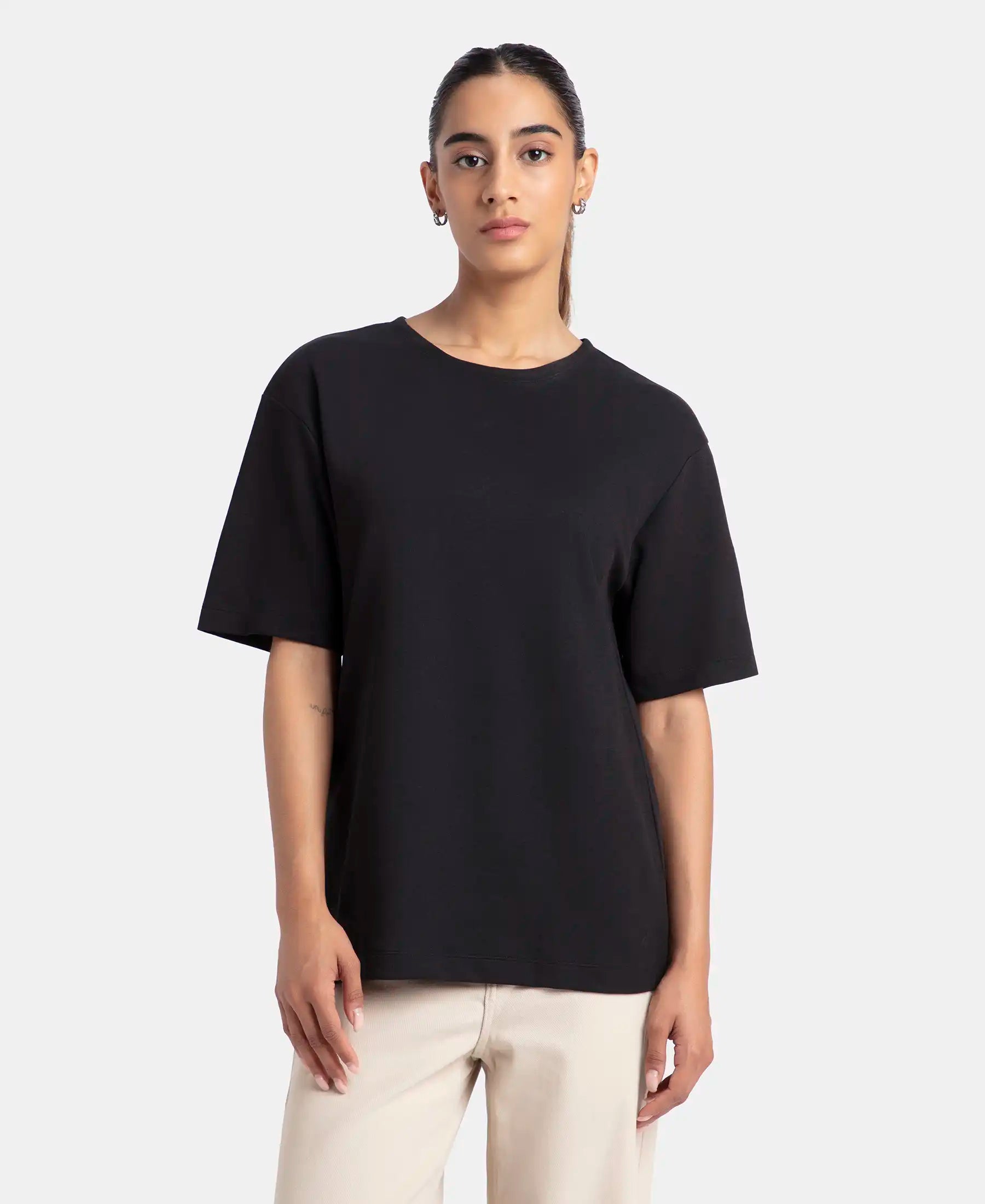 Polyester Cotton Oversized Fit Solid T-Shirt with StayFresh Treatment - Black Wool Fabric Cashmere Fabric Tweed Fabric