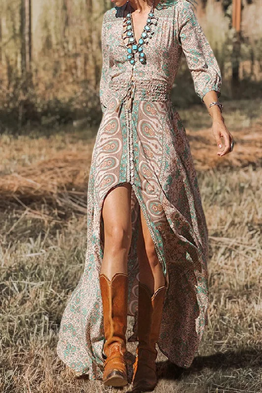 Beautiful Printed V-Neck Long Sleeve Maxi Dress Elegant Floral Maxi Dress