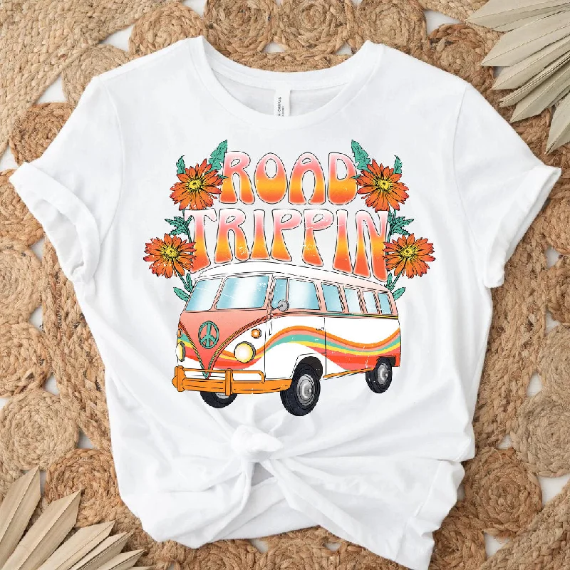 Road Trippin Groovy Retro Van Tee - Beach Van Tee - Vintage Camper Tee - Wanderlust - Aesthetic Tee - White Bella Canvas Women's Unisex Tee Beaded Sequined Faux Fur