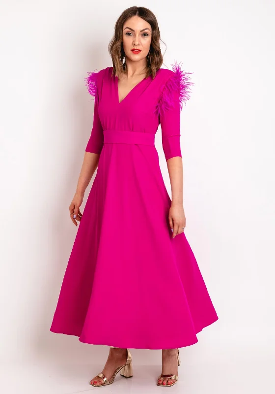 Role Mode Alena Feather Trim Shoulder Maxi Dress, Fuchsia Comfortable Maxi Dress with Belt