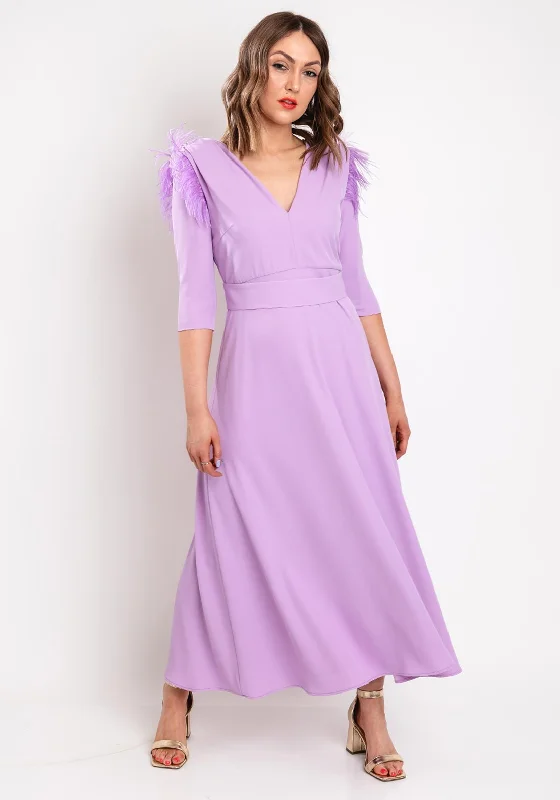 Role Mode Alena Feather Trim Shoulder Maxi Dress, Lilac Elegant Sleeveless Maxi Dress