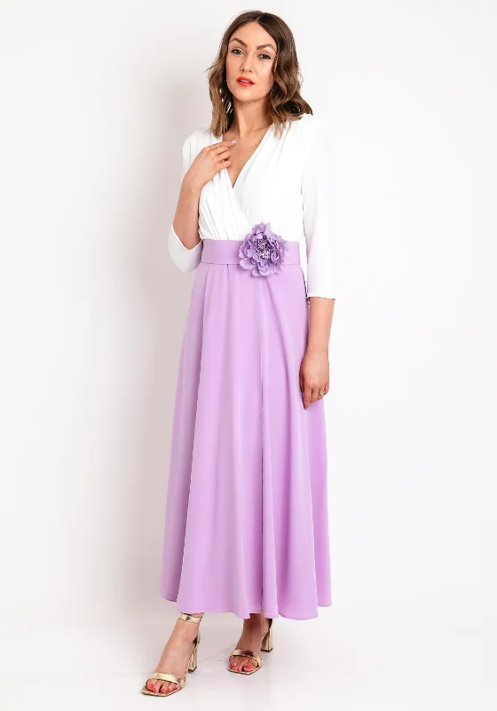 Role Mode Milana Two Tone Corsage Belt Maxi Dress, Ivory & Lilac Cozy Ruffle Sleeve Maxi Dress