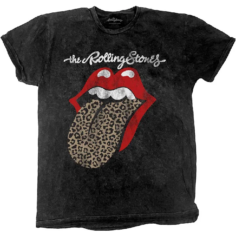 The Rolling Stones | Official Band T-shirt | Leopard Tongue (Acid Wash) Ribbed T-Shirt High Neck Heavyweight