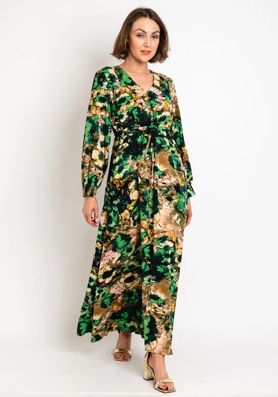 Seventy1 One Size Drawstring Waist Maxi Dress, Green Multi Stylish One-Shoulder Maxi Dress