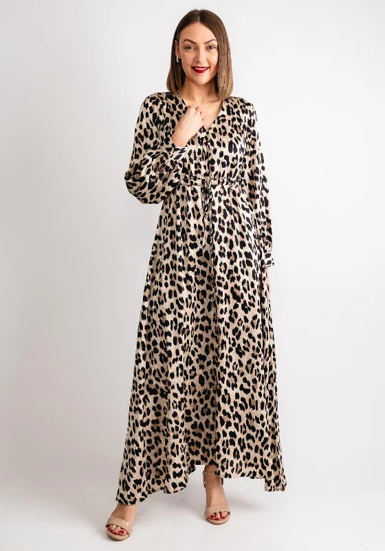 Seventy1 One Size Drawstring Waist Maxi Dress, Leopard Trendy Button Front Maxi Dress