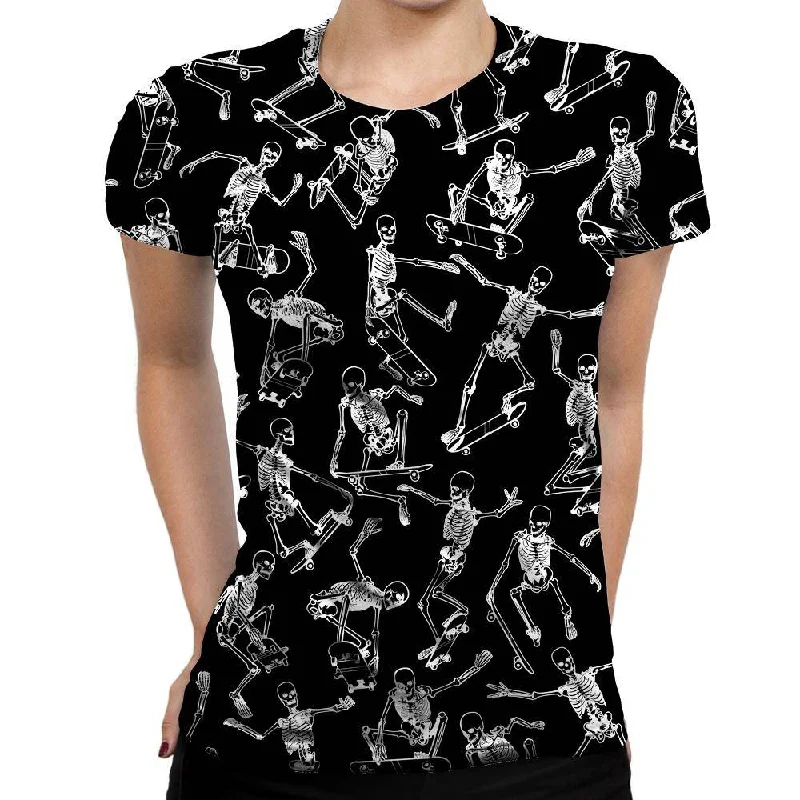 Skateboarding Skulls Black Womens T-Shirt Fashionable Trendy Casual