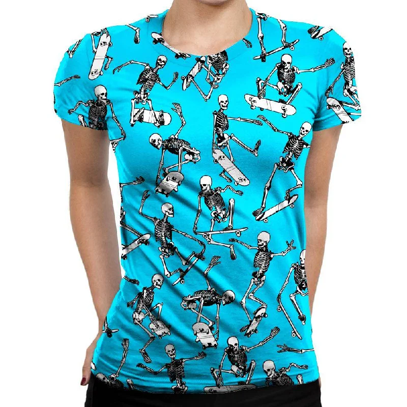 Skateboarding Skulls Blue Womens T-Shirt Collared Crew Neck Turtle Neck