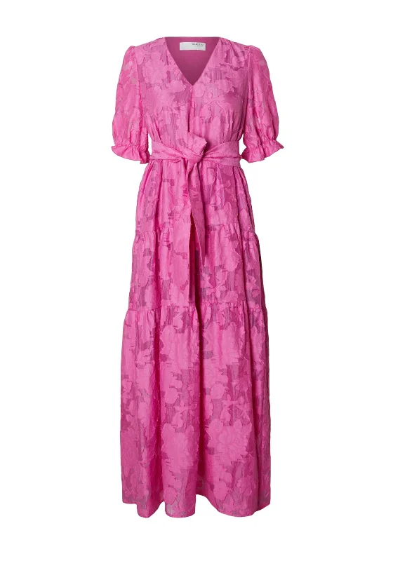 Selected Femme Cathi-Sadie Floral Embossed Maxi Dress, Phlox Pink Stylish Longline Maxi Dress